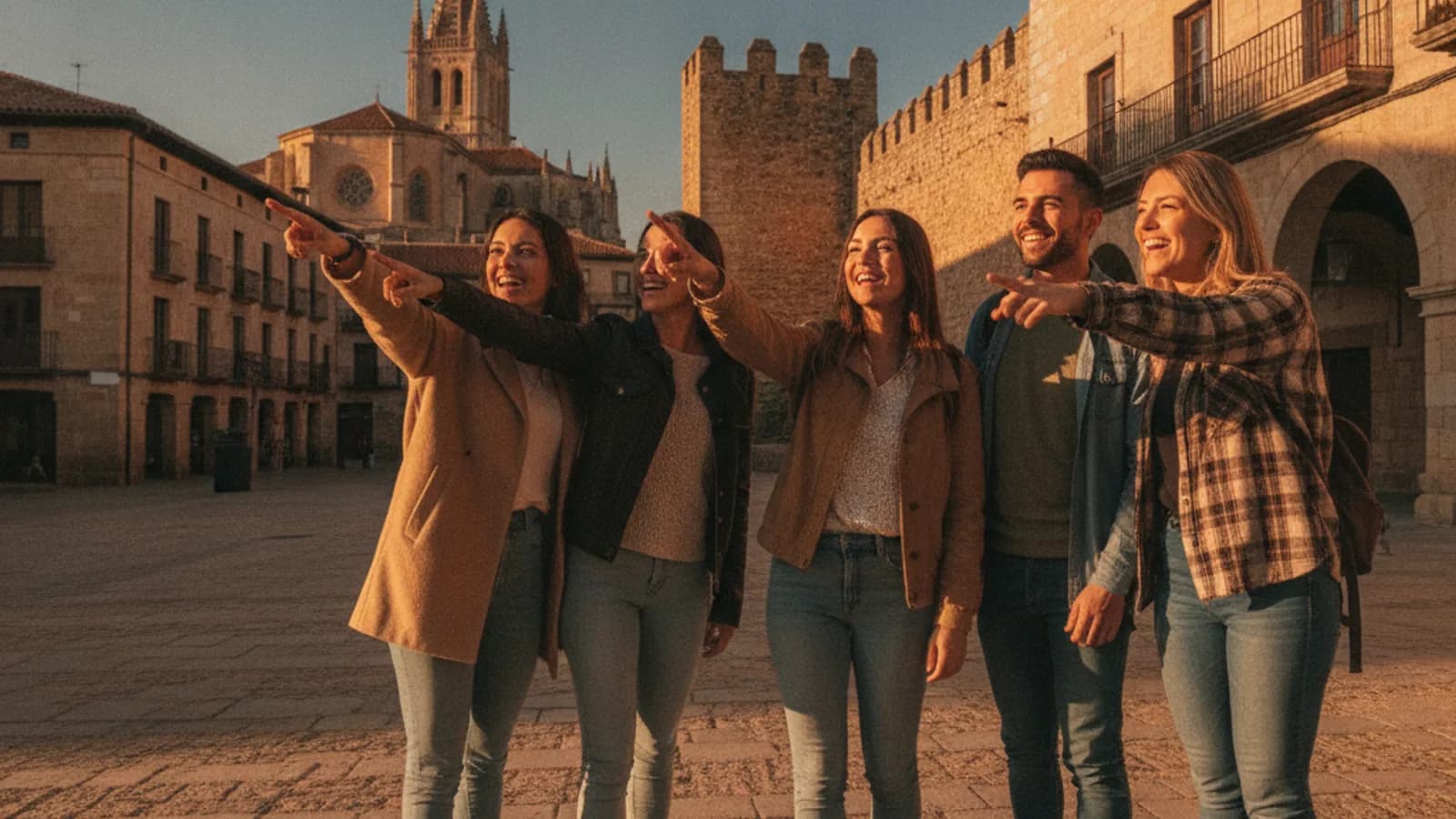 Un grupo de amigos sonriendo mientras señalan un punto histórico en el Casco Viejo de Vitoria-Gasteiz bajo un cielo azul.