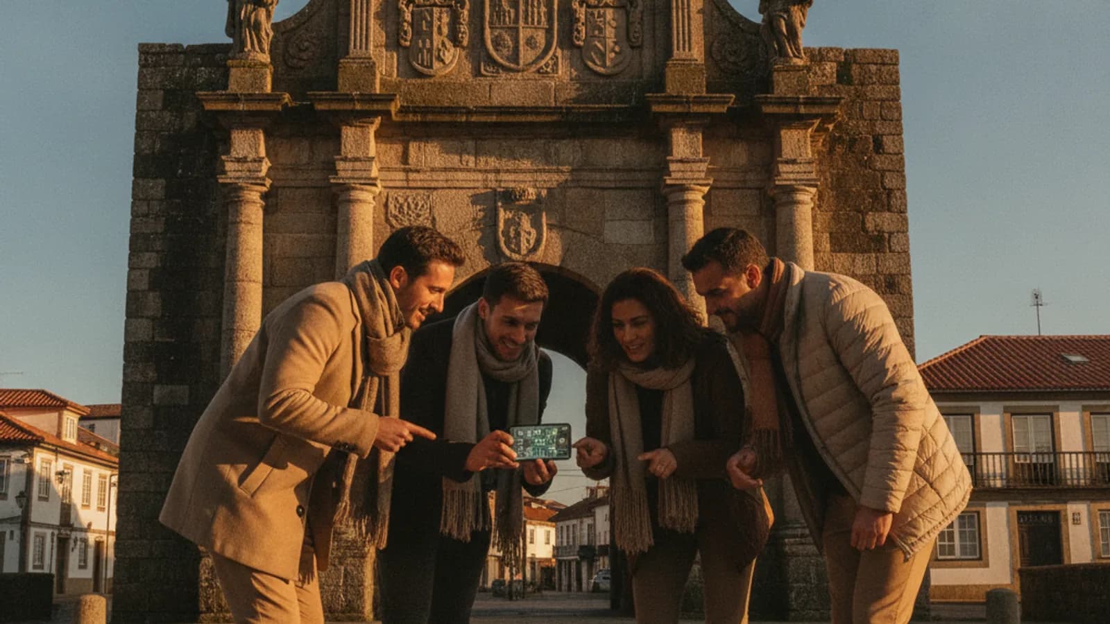 Un equipo de amigos o familia resolviendo un enigma con un móvil frente a la Puerta de Carlos V en Viveiro, con detalles arquitectónicos visibles al fondo y un cielo azul.