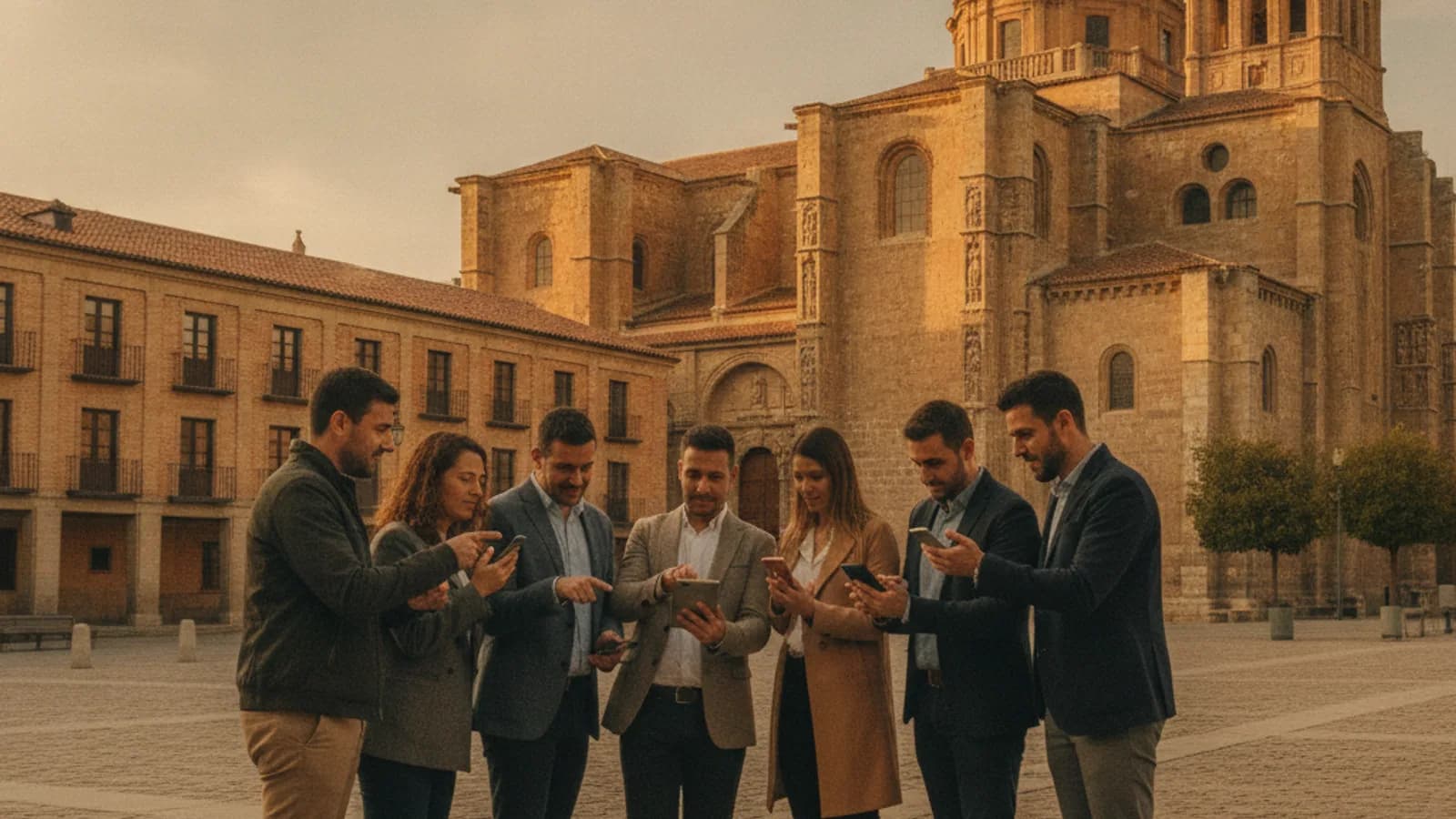 Equipo de empresa resolviendo un enigma con el móvil frente a la Catedral de Zamora, con su cúpula bizantina al fondo